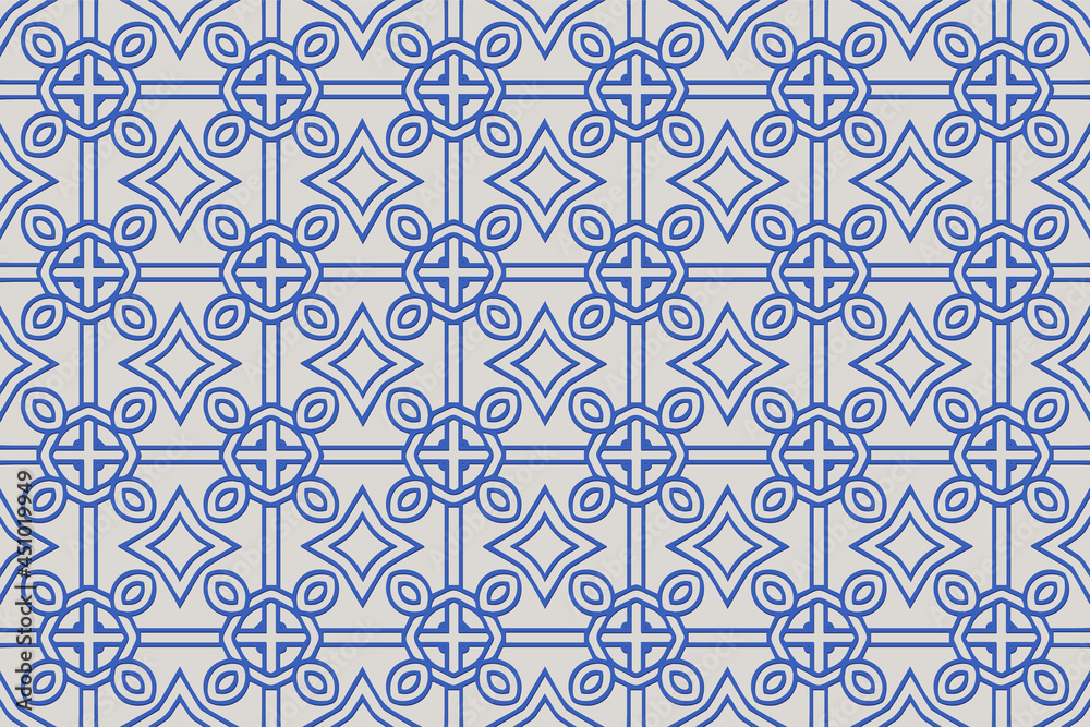 Geometric volumetric convex blue 3D pattern for wallpaper, websites, textiles. Embossed light background in traditional oriental, Indonesian minimalist style. Texture with ethnic ornament.