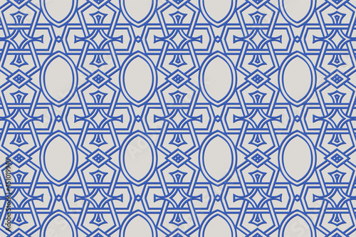 Geometric volumetric convex blue 3D pattern for wallpaper, websites, textiles. Embossed light background in traditional oriental, Indonesian unique style. Texture with ethnic ornament.