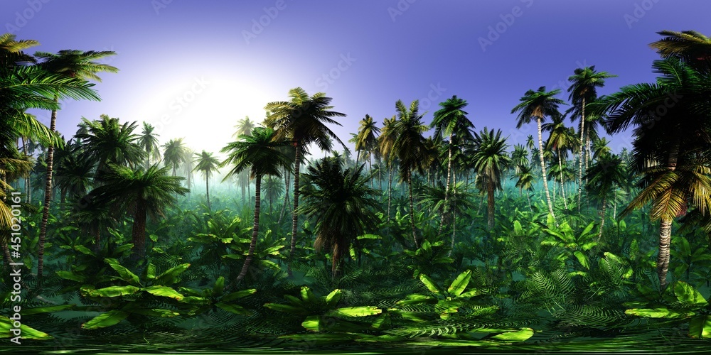 Fototapeta premium Jungle in the morning, HDRI, environment map , Round panorama, spherical panorama, equidistant projection, panorama 360, 3d rendering