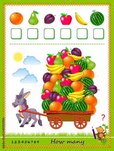 Math education for children. How many fruits harvested donkey? Count quantity and write numbers. Developing counting skills. Logic puzzle game. Worksheet for school textbook. Kids activity sheet.