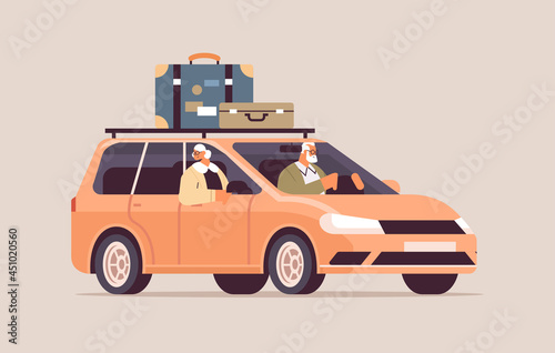 funny old family driving in car on weekly holiday senior travelers couple traveling by active old age concept