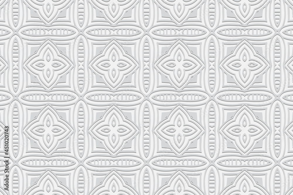 3D volumetric convex embossed geometric white background. Abstract floral pattern, texture in the style of arabesque. Ethnic oriental, Asian, Indonesian ornaments for design and decoration.