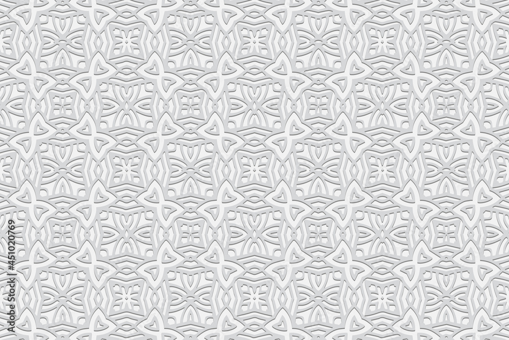 3D volumetric convex embossed geometric white background. Original pattern, texture in arabesque style. Ethnic oriental, Asian, Indonesian ornaments for design and decoration.