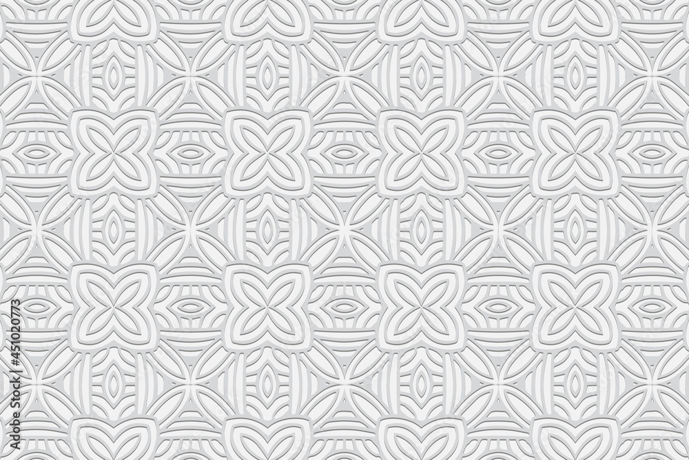 3D volumetric convex embossed geometric white background. Decorative pattern, texture in the style of arabesque. Ethnic oriental, Asian, Indonesian ornaments for design and decoration.