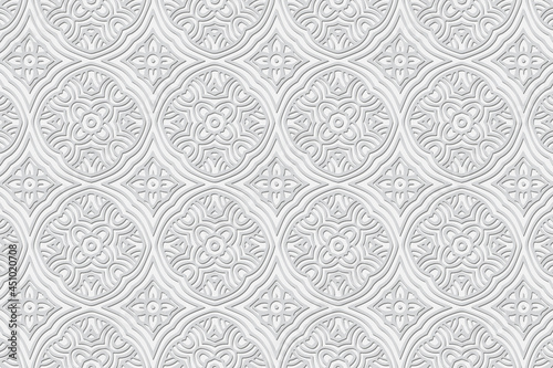 3D volumetric convex embossed geometric white background. Floral pattern, texture in arabesque style. Ethnic oriental, Asian, Indonesian ornaments for design and decoration.
