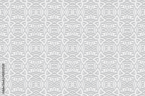 3D volumetric convex embossed geometric white background. Original pattern, texture in arabesque style. Ethnic oriental, Asian, Indonesian ornaments for design and decoration.