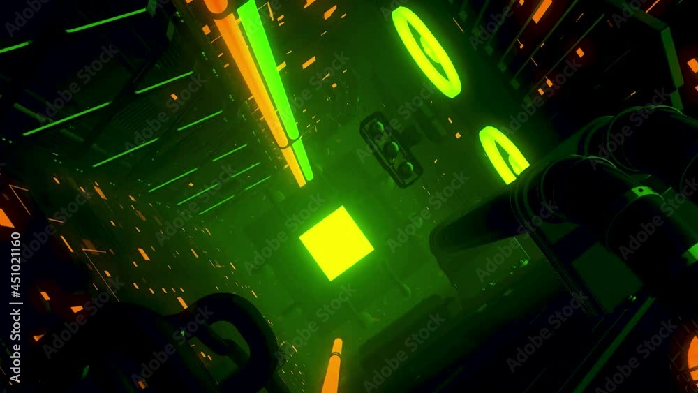 Abstract futuristic alien machine with neon lights and blinking indicators. Motion. Beautiful interior of a space ship looking like a corridor or a time tunnel, seamless loop.