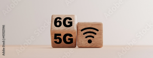 Wooden block flipping from 5G to 6G ,Technology transformation concept by 3d render. photo