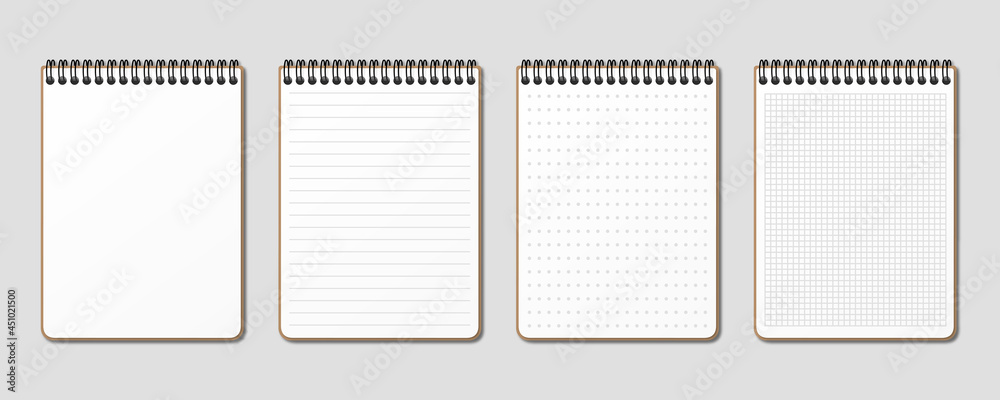 Realistic notepad. Lined, gridded and dotted sheets. Blank sheets of notebook with grid for homework and exercises. Horizontal spiral. Creative vector illustration mock up diary. - obrazy, fototapety, plakaty 