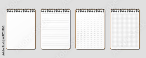 Realistic notepad. Lined, gridded and dotted sheets. Blank sheets of notebook with grid for homework and exercises. Horizontal spiral. Creative vector illustration mock up diary.