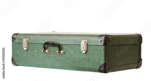 Old vintage green leather suitcase isolated on white background