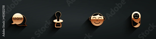 Set Speech bubble mom, Baby dummy pacifier, Little boy head and Newborn baby infant swaddled icon with long shadow. Vector