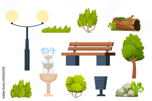 Set city park elements bench, bush and tree, trash, lamppost, old log with moss, stone pile and fountain in cartoon style isolated on white background. Outdoor street decorations, nature elements. 