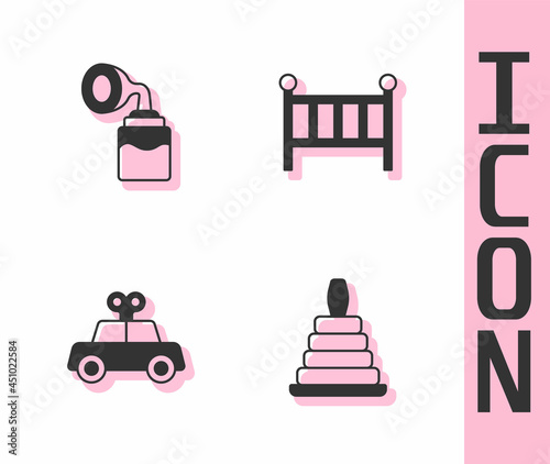 Set Pyramid toy, Breast pump, Toy car and Baby crib cradle bed icon. Vector