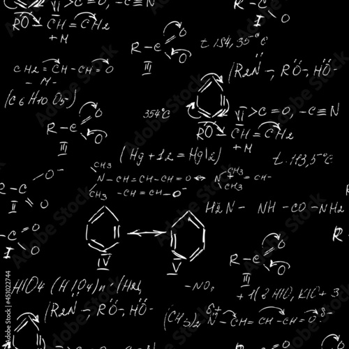 Seamless endless pattern background with handwritten chemistry formulas, chemical relationship or rules expressed in symbols, various matter, compounds, composed of atoms, molecules and ions. Vector.