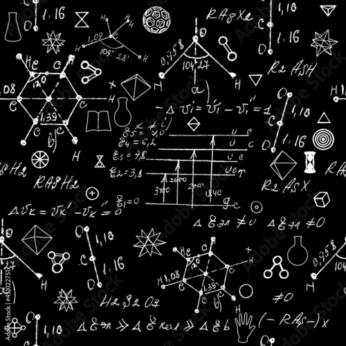 Seamless chemistry scribbles at school chalk board. Blackboard formulas pattern. The concept of education and back to school. Hand writing, endless pattern molecules structures bonds together. Vector.
