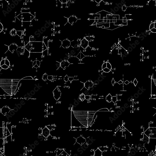 Seamless endless pattern background with handwritten chemistry formulas, chemical relationship or rules expressed in symbols, various matter, compounds, composed of atoms, molecules and ions. Vector.