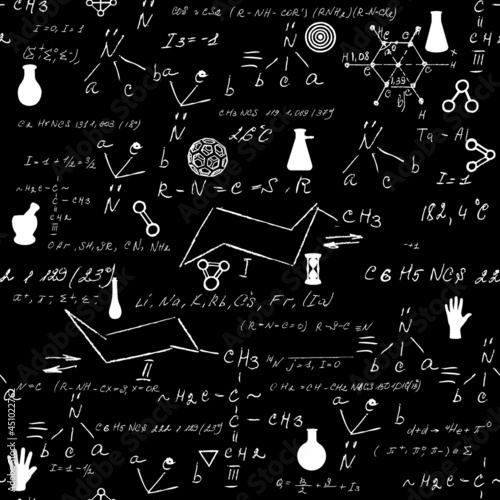 Seamless chemistry scribbles at school chalk board. Blackboard formulas pattern. The concept of education and back to school. Hand writing, endless pattern molecules structures bonds together. Vector.
