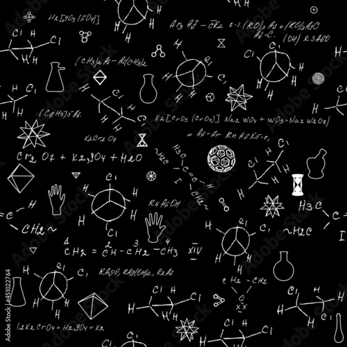Seamless chemistry scribbles at school chalk board. Blackboard formulas pattern. The concept of education and back to school. Hand writing  endless pattern molecules structures bonds together. Vector.
