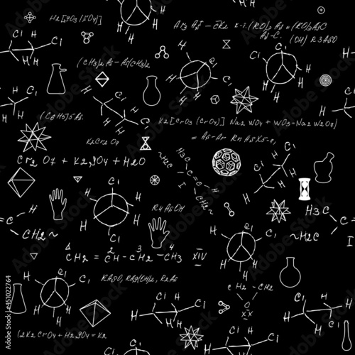 Seamless chemistry scribbles at school chalk board. Blackboard formulas pattern. The concept of education and back to school. Hand writing, endless pattern molecules structures bonds together. Vector.