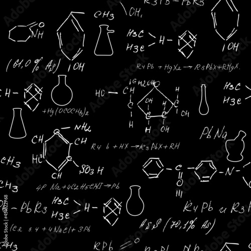 Seamless chemistry scribbles at school chalk board. Blackboard formulas pattern. The concept of education and back to school. Hand writing, endless pattern molecules structures bonds together. Vector.