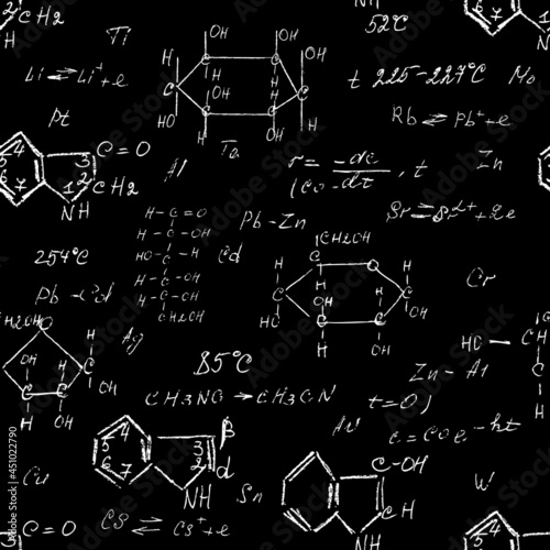 Seamless endless pattern background with handwritten chemistry formulas, chemical relationship or rules expressed in symbols, various matter, compounds, composed of atoms, molecules and ions. Vector.