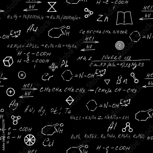 Seamless endless pattern background with handwritten chemistry formulas, chemical relationship or rules expressed in symbols, various matter, compounds, composed of atoms, molecules and ions. Vector.