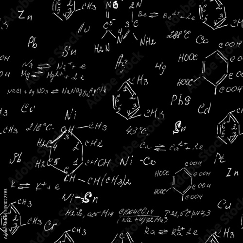 Seamless endless pattern background with handwritten chemistry formulas, chemical relationship or rules expressed in symbols, various matter, compounds, composed of atoms, molecules and ions. Vector.