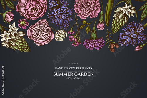 Floral design on dark background with peony, carnation, ranunculus, wax flower, ornithogalum, hyacinth