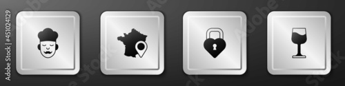 Set Cook, Map of France, Castle in the shape heart and Wine glass icon. Silver square button. Vector