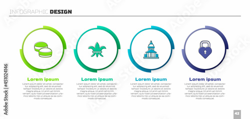 Set Macaron cookie, Fleur De Lys, Museum building and Castle the shape of heart. Business infographic template. Vector