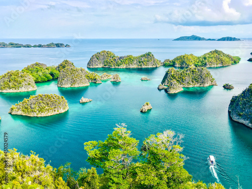 View from the top of the Pianemo Island, blue lagoon with green rocks, Raja Ampat, West Papua, Indonesia