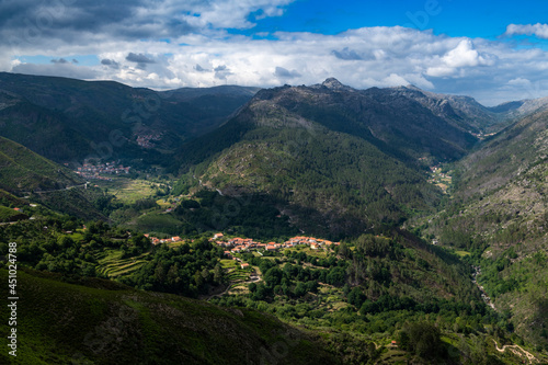 View of the small village of Tibo, with its traditional agricultural fields, at the Peneda Geres National Park, in Portugal.