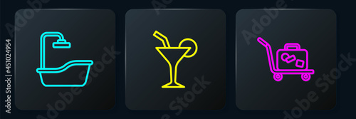 Set line Bathtub, Trolley suitcase and Cocktail. Black square button. Vector