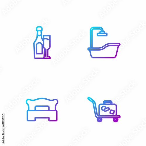 Set line Trolley suitcase, Bedroom, Champagne bottle with glass and Bathtub. Gradient color icons. Vector