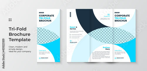 Tri-fold brochure design. Teal, orange corporate business template for tri-fold flyer. Layout with modern circle photo and abstract background. Creative concept 3 folded flyer or brochure