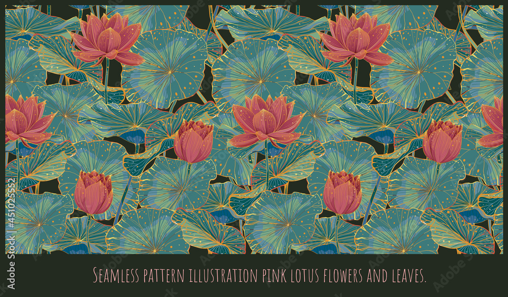 Seamless pattern lined art of lotus flowers and leaves.