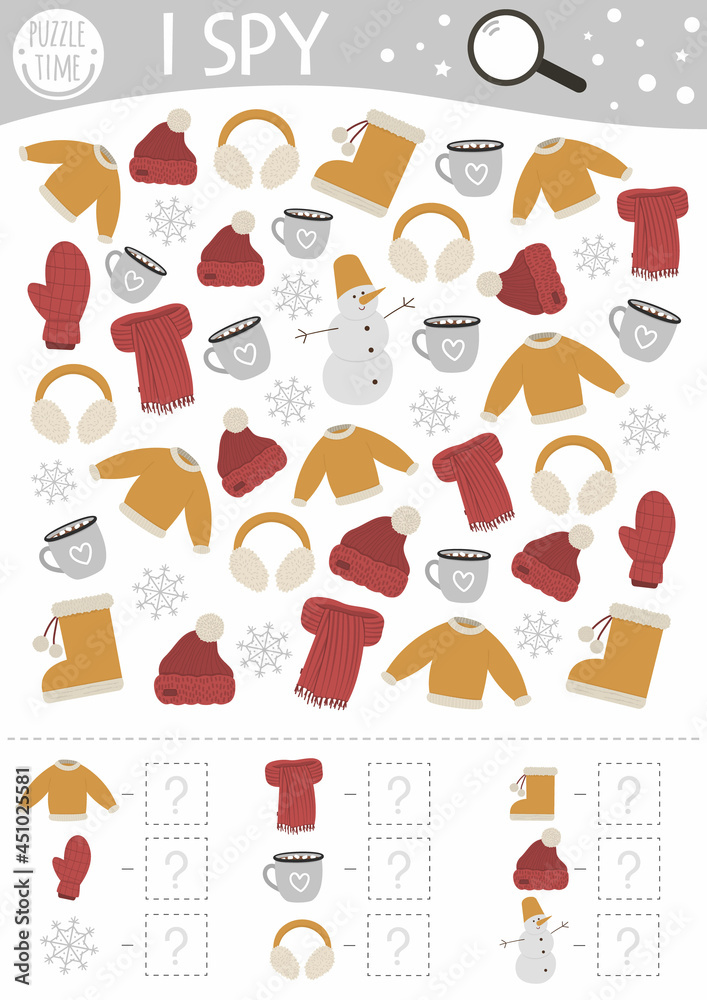 Winter I spy game for kids. Searching and counting activity for preschool children with snowman, warm drink and clothes. Funny Christmas printable worksheet for kids. Simple New Year spotting puzzle..