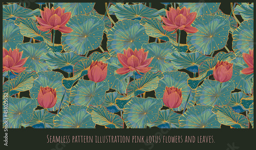 Obraz na płótnie Seamless pattern lined art of lotus flowers and leaves. w salonie