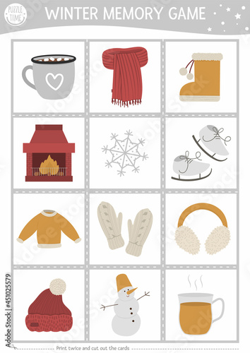 Winter memory game cards with cute season objects. Matching activity with snowman, mittens, cocoa, chimney. Remember and find correct picture card. Christmas printable worksheet for kids. .