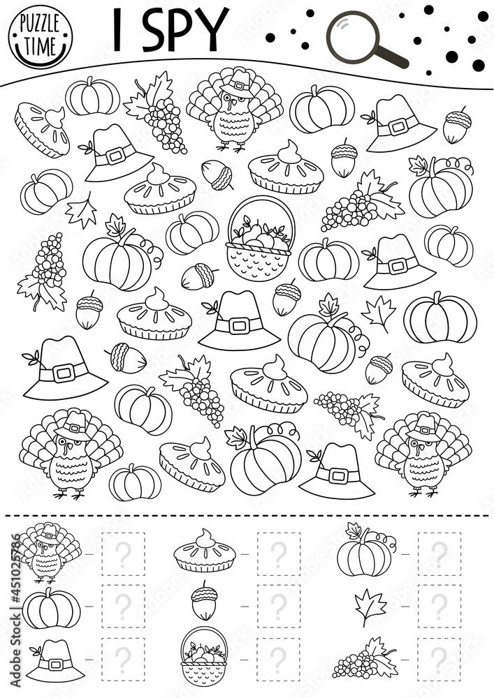 Thanksgiving black and white I spy game for kids. Searching and counting activity or coloring page with turkey, pumpkin. Funny autumn printable worksheet for kids. Simple fall line puzzle..
