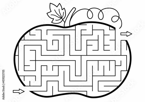 Thanksgiving black and white maze for children. Autumn or Halloween holiday line printable activity. Fall geometric outline labyrinth game or puzzle shaped like pumpkin. Harvest themed page for kids.