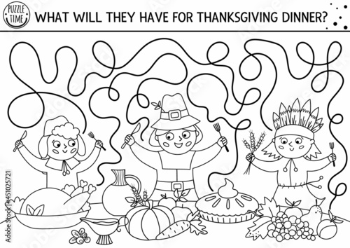 Thanksgiving black and white maze for children. Autumn holiday line printable activity. Fall labyrinth game or coloring page with first Americans, native Indian, holiday festive food.