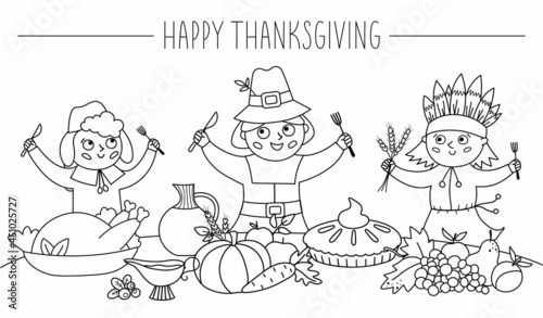 Happy black and white pilgrims and native American Indian give thanks for the food. Thanksgiving Day line characters and traditional holiday meal illustration. Vector outline autumn table scene.