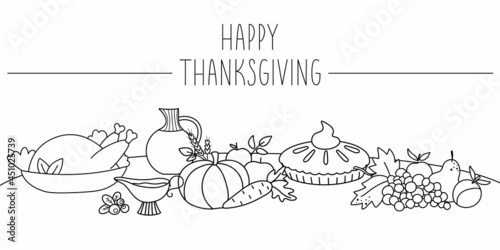 Vector black and white scene with traditional Thanksgiving or Christmas desserts and dishes on a table. Autumn line holiday festive meal illustration. Fall food collection with turkey, pumpkin pie.