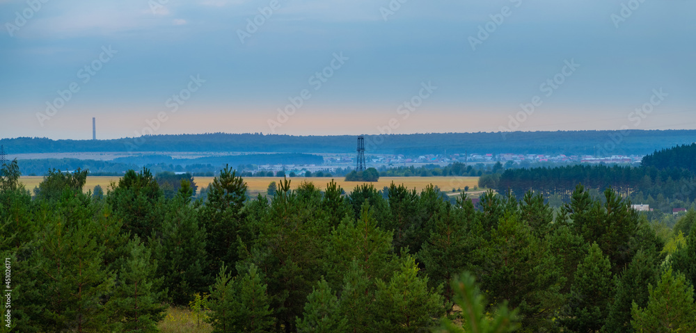 A high-voltage line in the field and the city of Mariinsky Posad in the distance, behind the field, in the evening, a fir forest in the foreground.