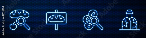 Set line Search for money, Searching food, Donation and Homeless. Glowing neon icon on brick wall. Vector