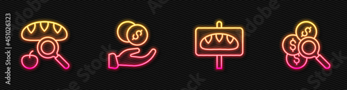 Set line Donation food, Searching for, hand with money and . Glowing neon icon. Vector
