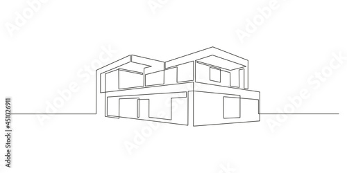 One continuous line drawing of modern house with minimalist architecture. Fashionable two story villa in doodle linear style isolated on white background. Vector illustration