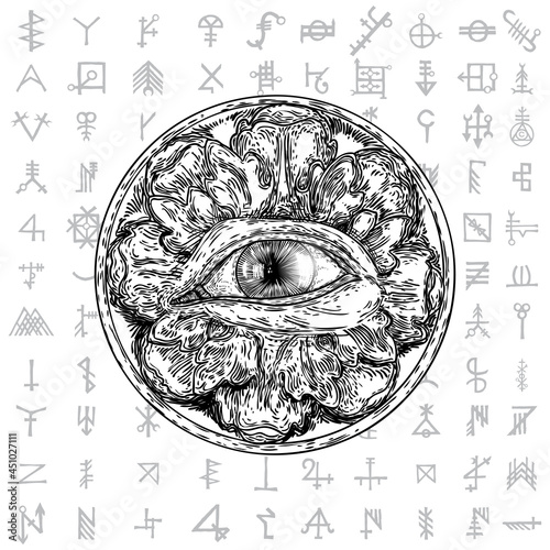 All seeing eye symbol element variation. Alchemy, religion, spirituality and occultism tattoo ink art. Vision of providence and conspiracy theory. Hand drawing in flash tattoo style artwork. Vector.